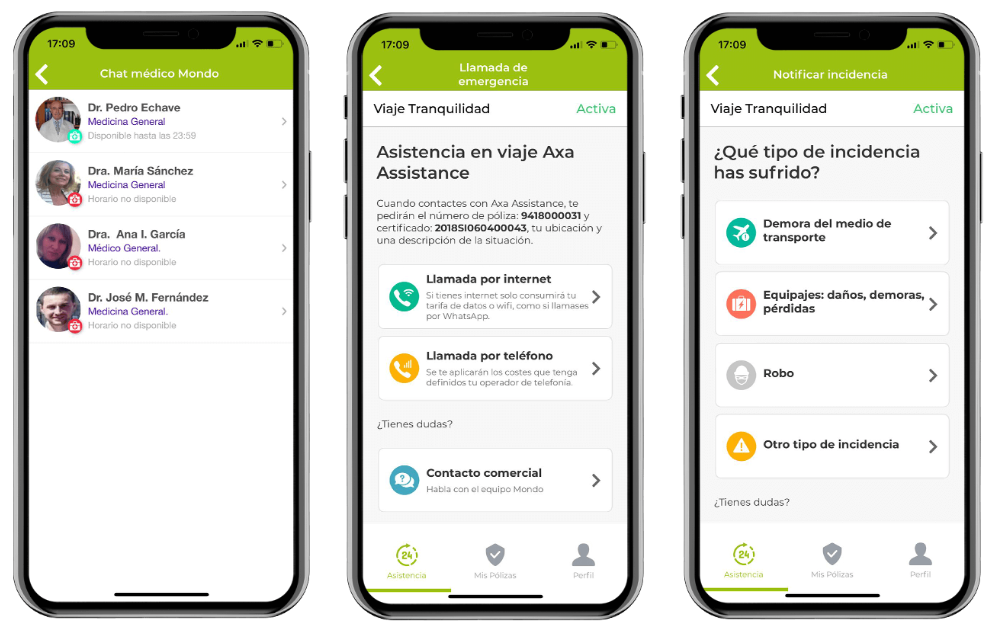Aplicación móvil de Mondo. Tiene un chat médico para cualquier incidencia en tus viajes