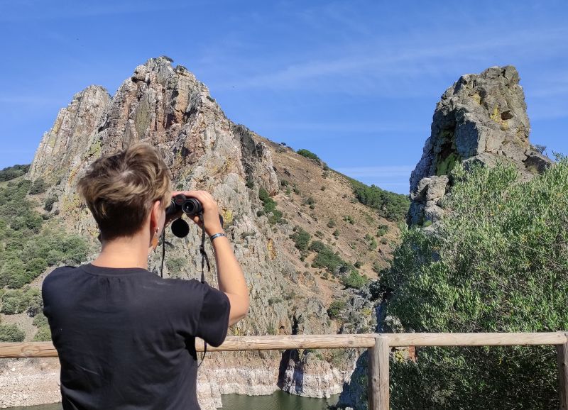Vistas del Salto del Gitano en el Parque Nacional de Monfragüe con buitres leonados volando sobre el río Tajo