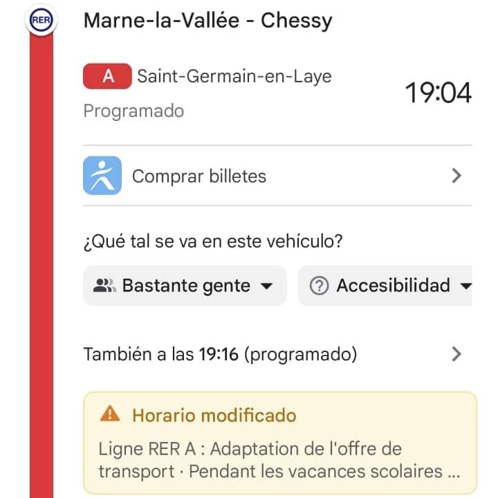 Captura de la app Omio con el trayecto de 14 paradas entre la estación de Disneyland y Châtelet-Les Halles.