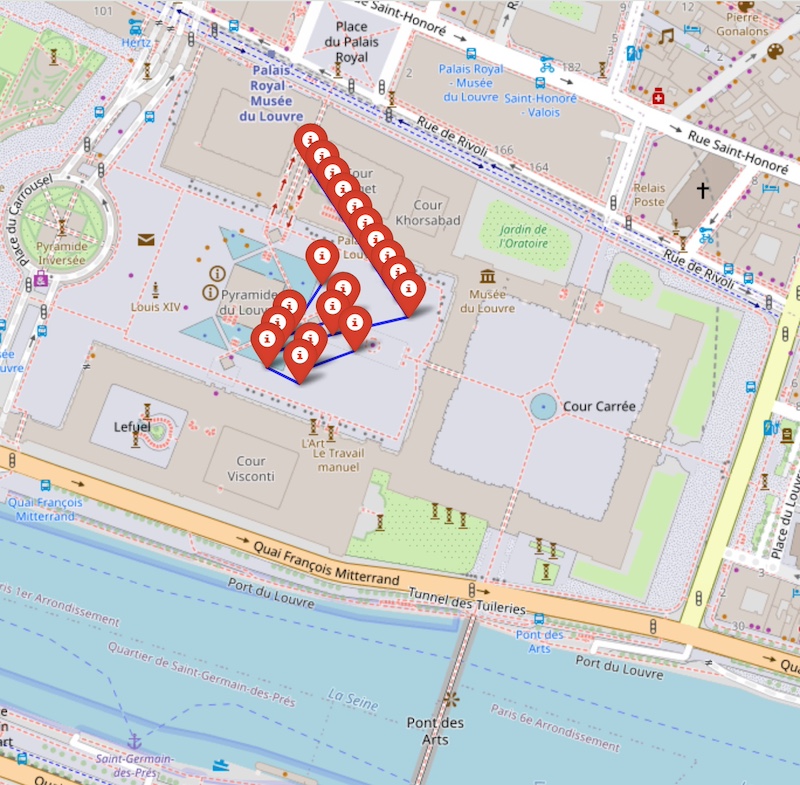 Mapa o plano detallado del Museo del Louvre en París, con las principales salas y rutas para visitantes.