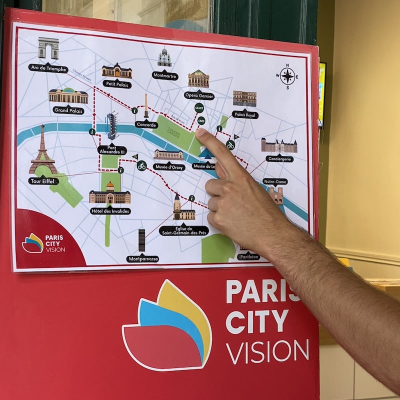 Mapa con las principales paradas del tour guiado en bicicleta por Paris de 12 kilometros