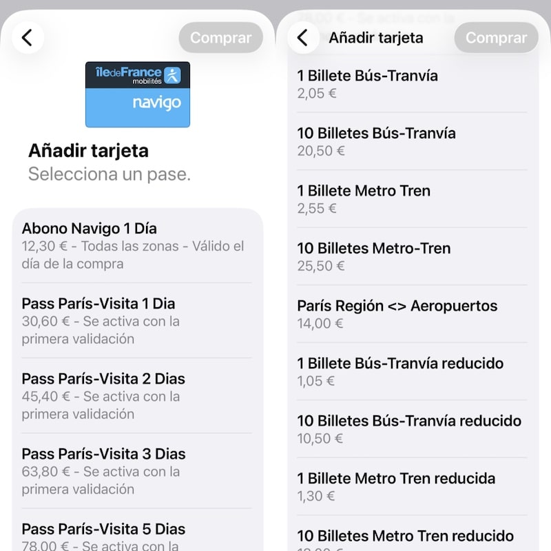 Opciones de abono diario en la tarjeta Navigo digital en el móvil.