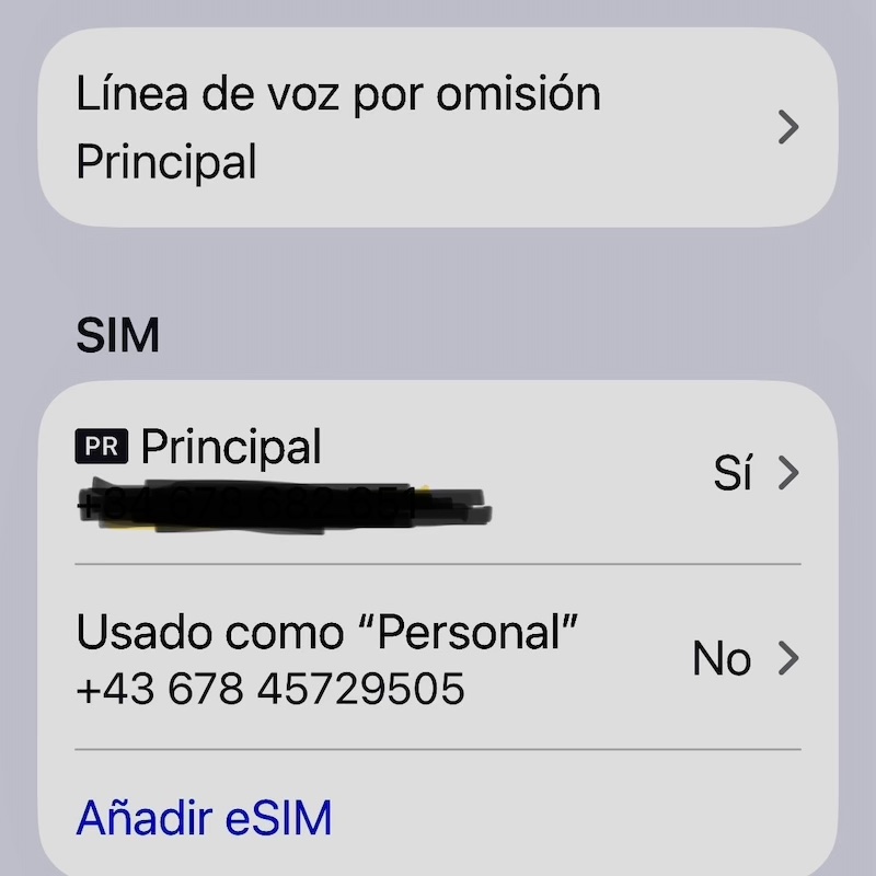 Menú de ajustes de datos móviles para activar la línea secundaria de una eSIM