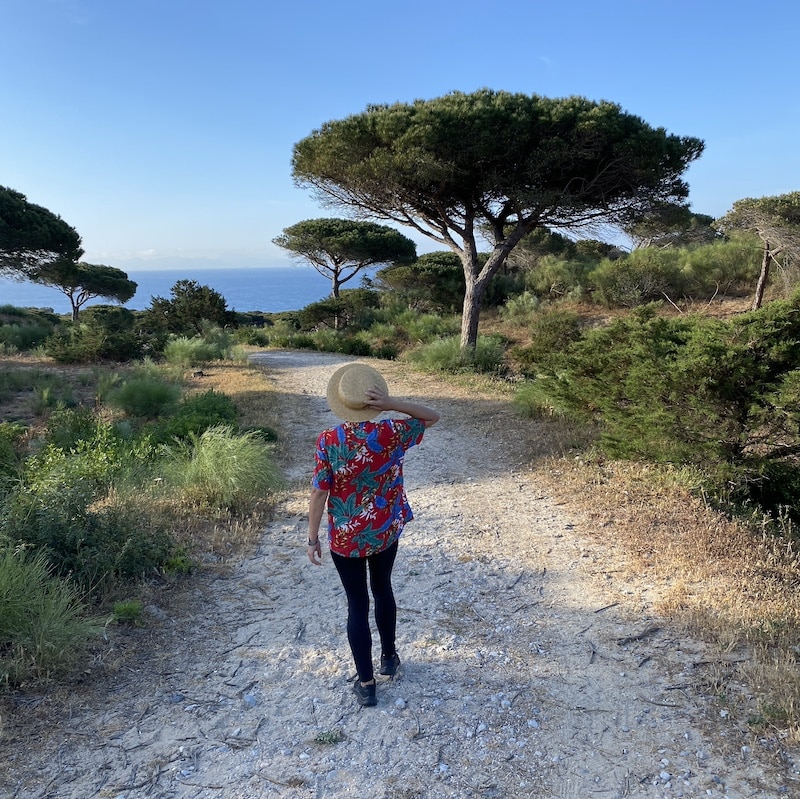 Mónica (el Viaje de Sofi) de espaldas caminando por un sendero entre pinos que baja hacia la playa salvaje de Punta Paloma.