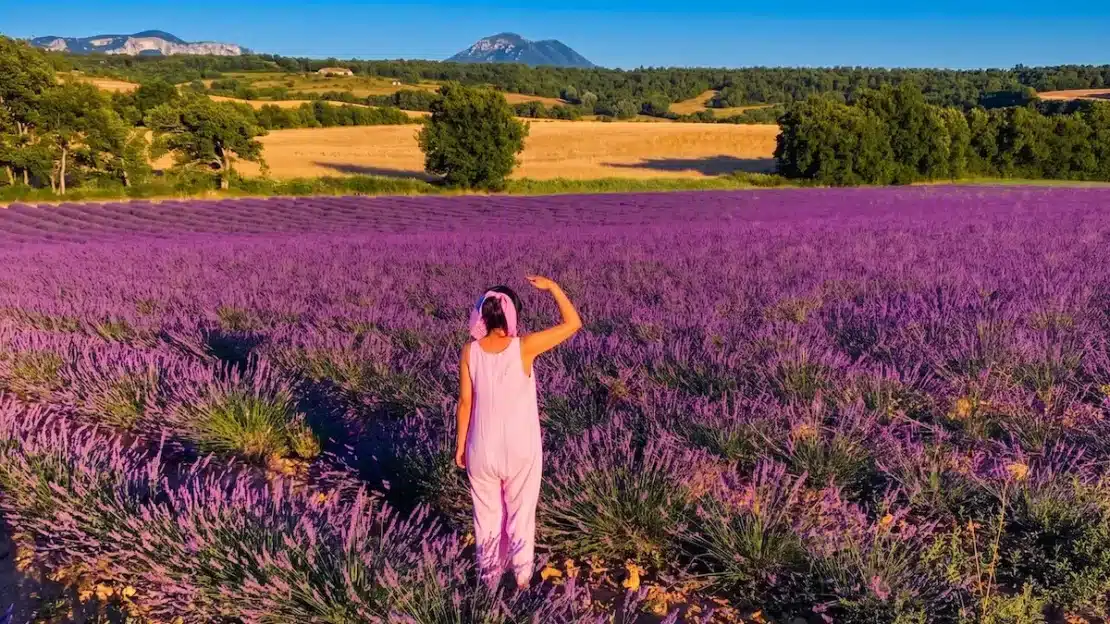 Mujer de espaldas con mono rosa contemplando un campo de lavanda intenso en Valensole, Provenza.