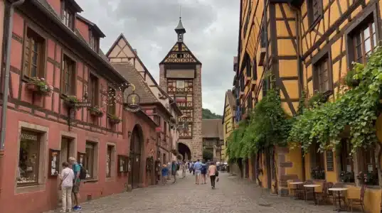 Calle empedrada Rue du General de Gaulle en Riquewihr con casas de colores y la Torre Dolder