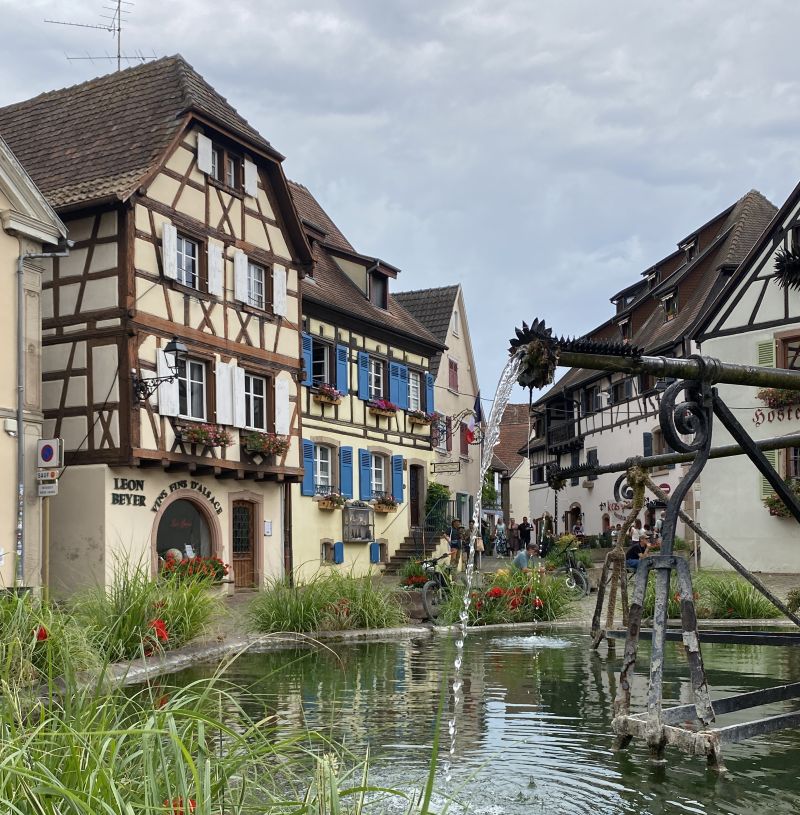 Casas tradicionales de entramado de madera y fuente en Eguisheim
